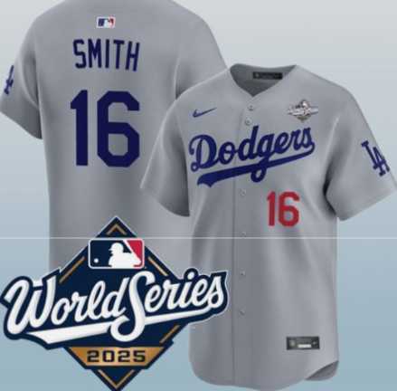 Mens Los Angeles Dodgers #16 Will Smith Gray 2025 World Series Limited Stitched Jersey
