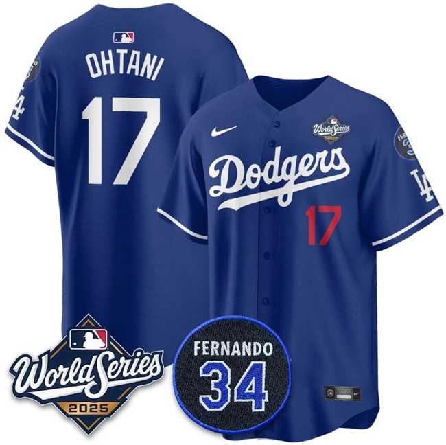 Mens Los Angeles Dodgers #17 Shohei Ohtani Royal 2025 World Series With No.34 Patch Limited Stitched Jersey