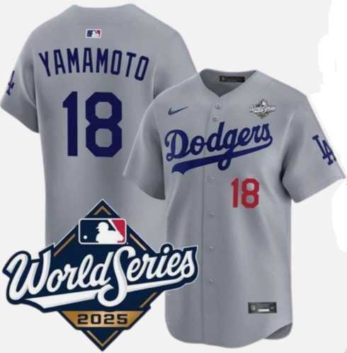Mens Los Angeles Dodgers #18 Yoshinobu Yamamoto Gray 2025 World Series Limited Stitched Jersey
