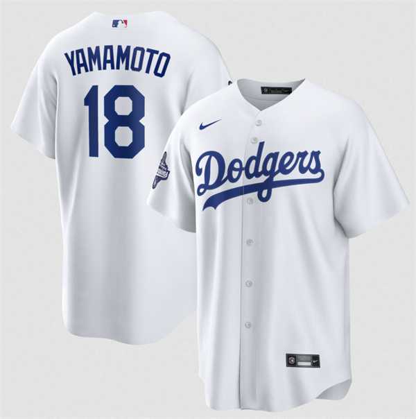 Mens Los Angeles Dodgers #18 Yoshinobu Yamamoto White 2025 World Series Champions Stitched Jersey