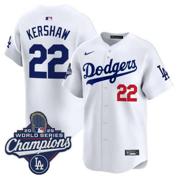Mens Los Angeles Dodgers #22 Clayton Kershaw White 2025 Champions Stitched Jersey