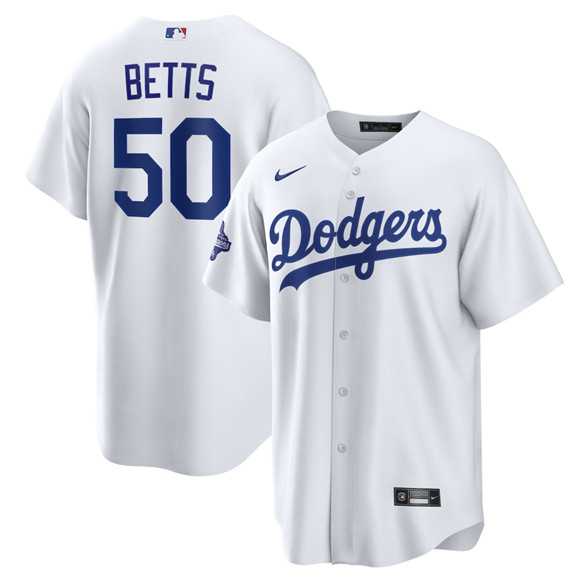 Mens Los Angeles Dodgers #50 Mookie Betts White 2025 World Series Champions Stitched Jersey