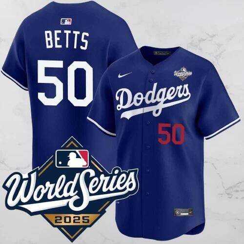 Mens Los Angeles Dodgers #50 Mookie Betts Blue 2025 World Series Vapor Limited Stitched Jersey