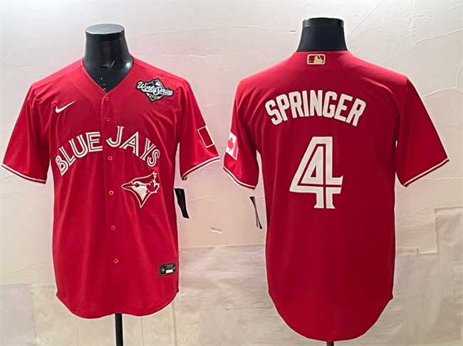 Mens Toronto Blue Jays #4 George Springer Red 2025 World Series Cool Base Stitched Jersey