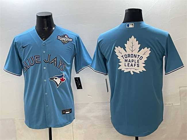 Mens Toronto Blue Jays & Leafs Blue 2025 World Series With White Leafs Logo Cool Base Stitched Jersey