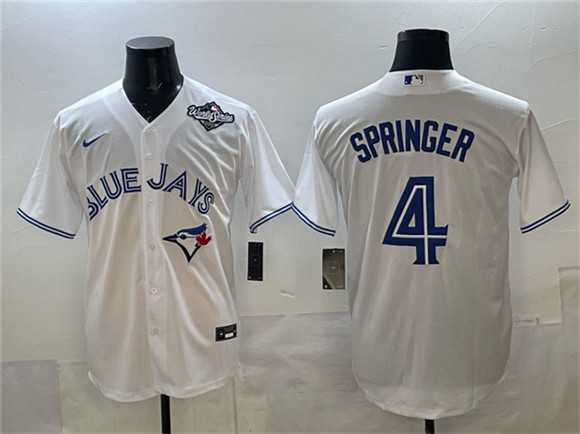 Mens Toronto Blue Jays #4 George Springer White 2025 World Series Home Cool Base Stitched Jersey
