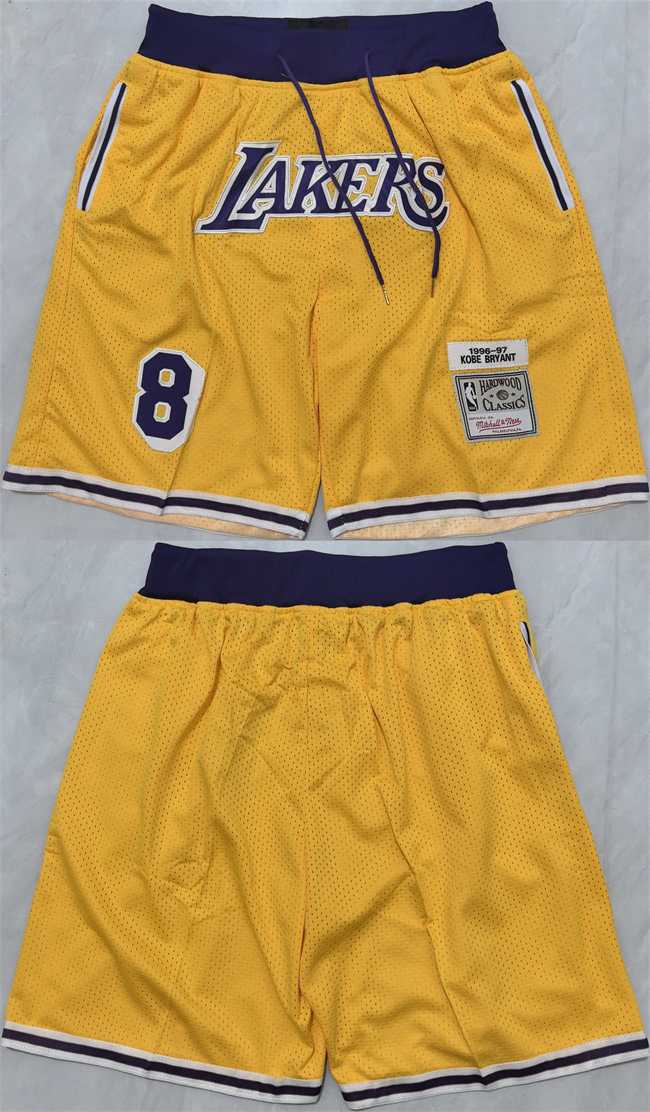 Mens Los Angeles Lakers #8 Kobe Bryant Yellow 2025 Shorts (Run Small)