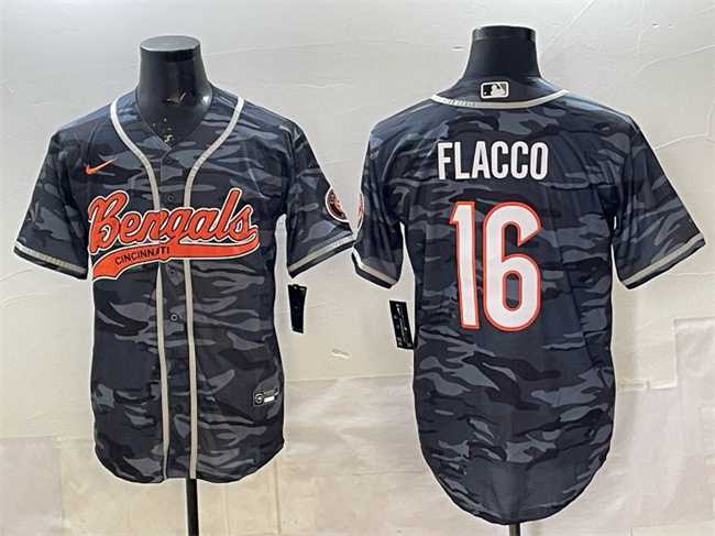 Mens Cincinnati Bengals #16 Joe Flacco Grey Camo With Patch Cool Base Stitched Baseball Jersey