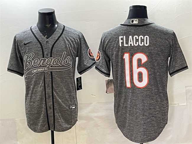 Mens Cincinnati Bengals #16 Joe Flacco Grey With Patch Cool Base Stitched Baseball Jersey