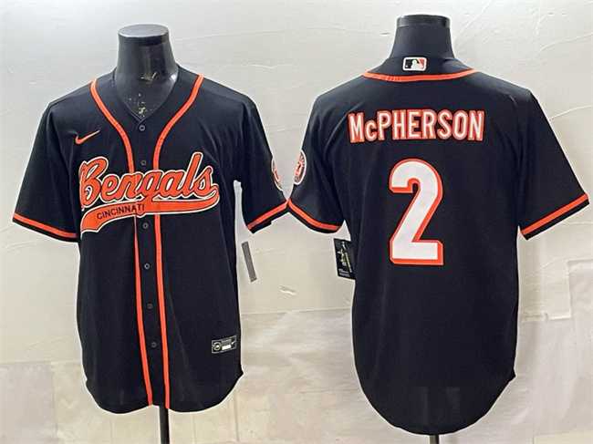 Mens Cincinnati Bengals #2 Evan McPherson Black With Patch Cool Base Stitched Baseball Jersey