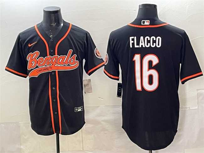 Mens Cincinnati Bengals #16 Joe Flacco Black With Patch Cool Base Stitched Baseball Jersey
