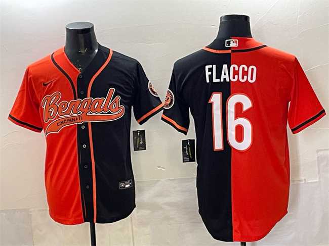 Mens Cincinnati Bengals #16 Joe Flacco Orange Black Split With Patch Cool Base Stitched Baseball Jersey