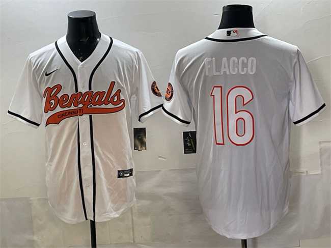 Mens Cincinnati Bengals #16 Joe Flacco White With Patch Cool Base Stitched Baseball Jersey