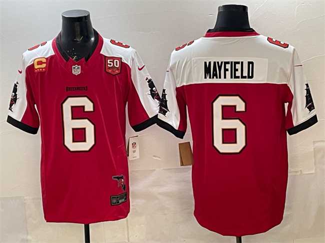 Mens Tampa Bay Buccaneers #6 Baker Mayfield Red Alternate F.U.S.E. 50th Season & 4-Star C Patch Vapor Limited Stitched Jersey Dzhi