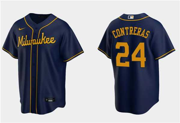 Mens Milwaukee Brewers #24 William Contreras Navy Cool Base Stitched Jersey