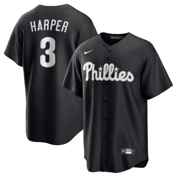 Mens Philadelphia Phillies #3 Bryce Harper Black Lights Out Limited Stitched Baseball Jersey Dzhi