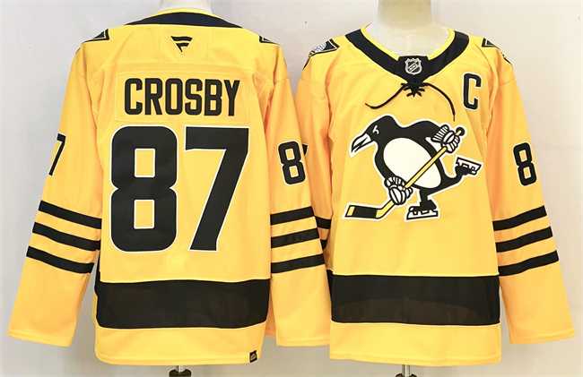 Mens Pittsburgh Penguins #87 Sidney Crosby Gold 2025-26 With C Patch Alternate Stitched Hockey Jersey