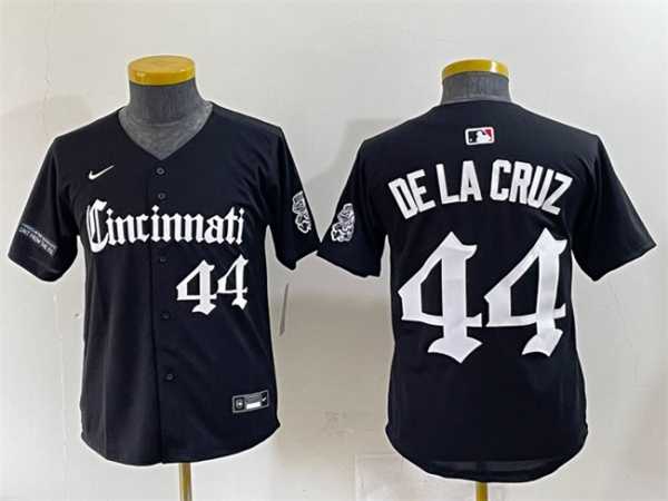 Youth Cincinnati Reds #44 Elly De La Cruz Black Gothic Queen City Edition Vapor Premier Limited Stitched Baseball Jersey