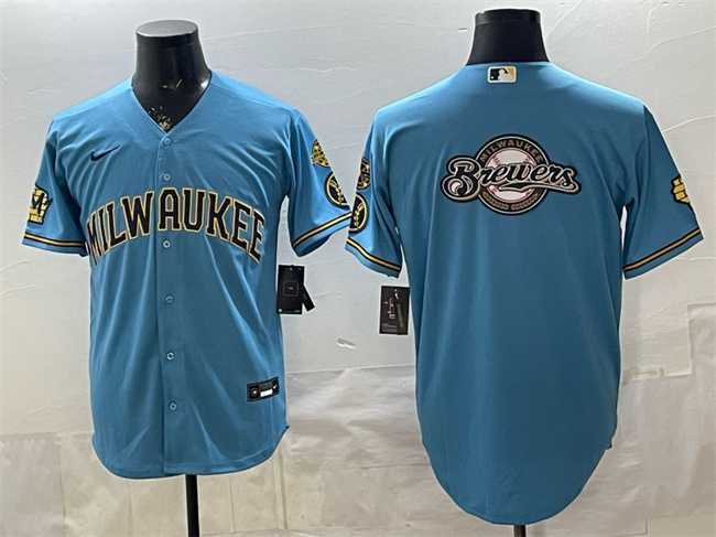 Mens Milwaukee Brewers Team Big Logo Blue With Home & Bob Uecker Patch Stitched Jersey Dzhi