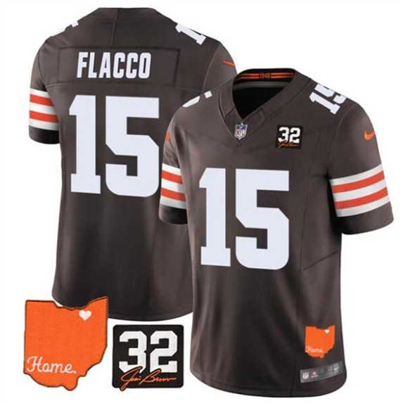 Mens Cleveland Browns #15 Joe Flacco Brown 2025 F.U.S.E. With Jim Brown Memorial & Home Patch Vapor Limited Stitched Jersey Dzhi