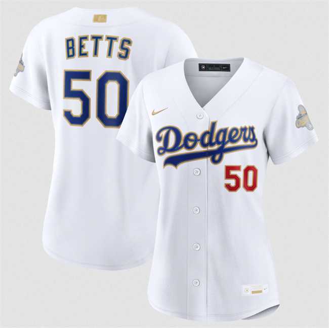 Womens Los Angeles Dodgers #50 Mookie Betts White 2026 Gold Collection Stadium Stitched Jersey Dzhi