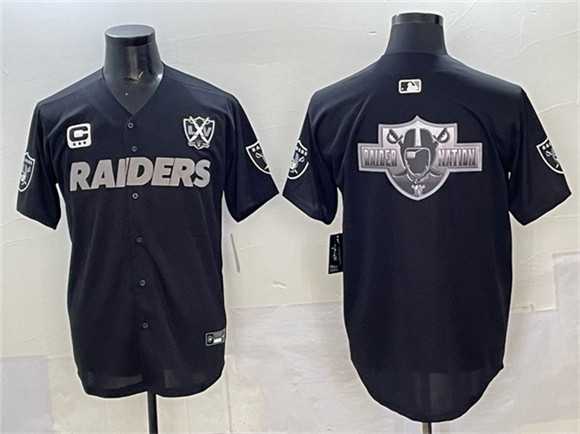 Mens Las Vegas Raiders Team Big Logo Black With Nevada Silver Stat Patch And 65th Anniversary Patch 3-Star C Patch Stitched Baseball Jersey