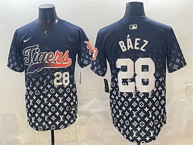 Mens Detroit Tigers #28 Javier Baez Navy With Patch Vapor Premier Limited Stitched Jersey Dzhi