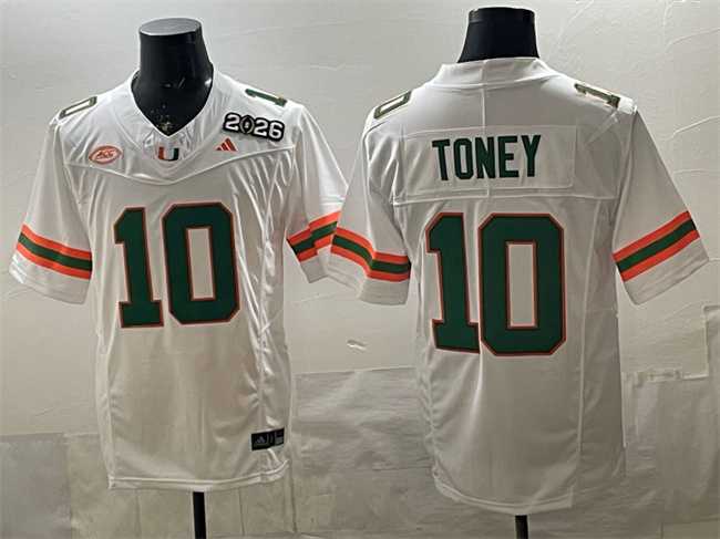 Mens Miami Hurricanes #10 Malachi Toney White F.U.S.E. 2026 & Florida Patch Stitched Football Jersey
