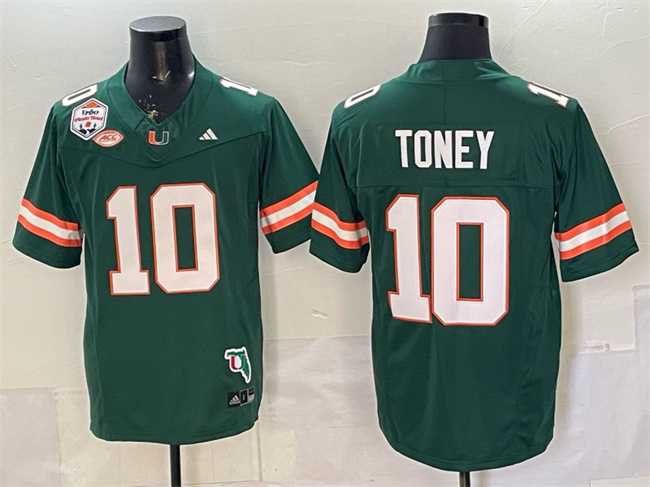 Mens Miami Hurricanes #10 Malachi Toney Green F.U.S.E. The Fiesta Bowl Champions & Florida Patch Stitched Football Jersey