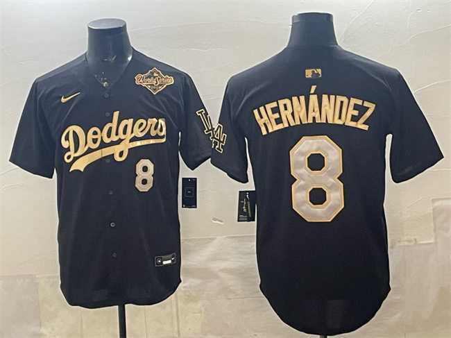 Mens Los Angeles Dodgers #8 Enrique Hernandez Black Gold 2025 World Series Patch Limited Stitched Jersey Dzhi
