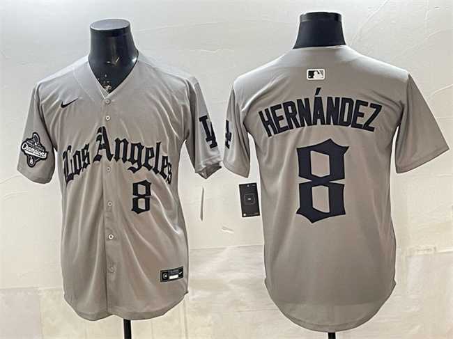 Mens Los Angeles Dodgers #8 Enrique Hernandez Grey LA Gothic Style With 2025 World Series Champions Patch Limited Stitched Jersey Dzhi