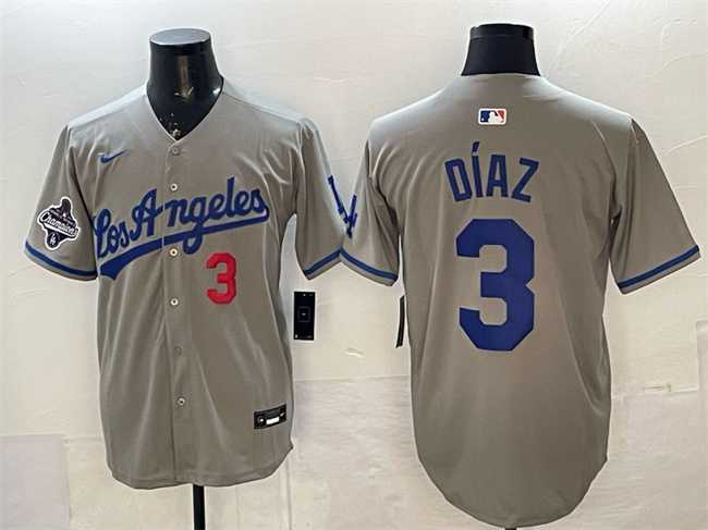 Mens Los Angeles Dodgers #3 Edwin Diaz Grey With 2025 World Series Champions Patch Limited Stitched Jersey Dzhi
