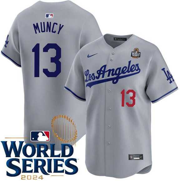 Mens Los Angeles Dodgers #13 Max Muncy Gray 2024 World Series Patch Limited Stitched Jersey Dzhi