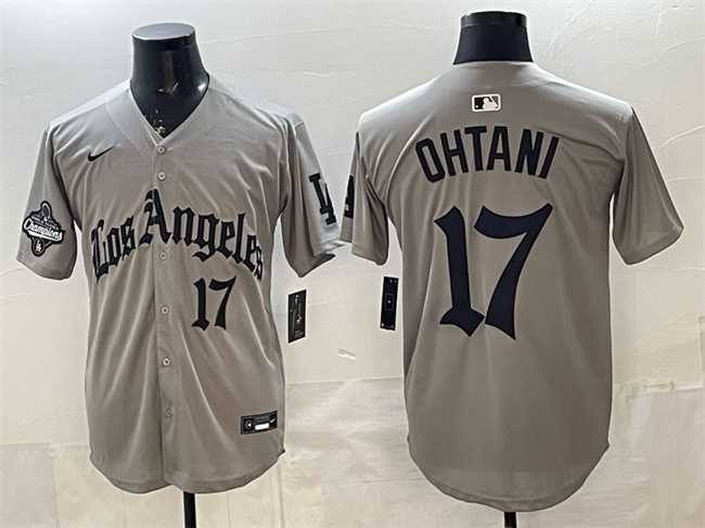Mens Los Angeles Dodgers #17 Shohei Ohtani Grey LA Gothic Style With 2025 World Series Champions Patch Limited Stitched Jersey Dzhi