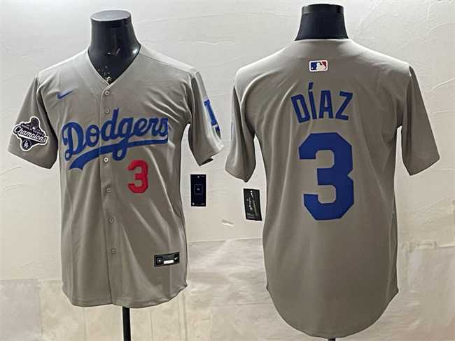 Mens Los Angeles Dodgers #3 Edwin Diaz Grey With 2025 World Series Champions Patch Limited Stitched Jersey Dzhi