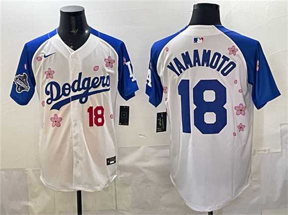 Mens Los Angeles Dodgers #18 Yoshinobu Yamamoto White Royal 2025 World Series Champions Patch Tokyo Series Limited Stitched Jersey Dzhi