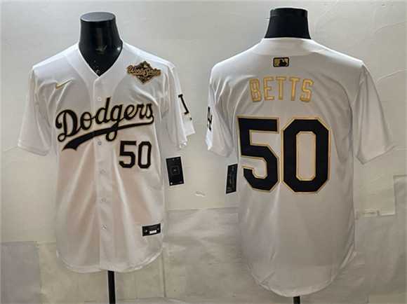 Mens Los Angeles Dodgers #50 Mookie Betts White Gold 2025 World Series Patch Limited Stitched Jersey Dzhi