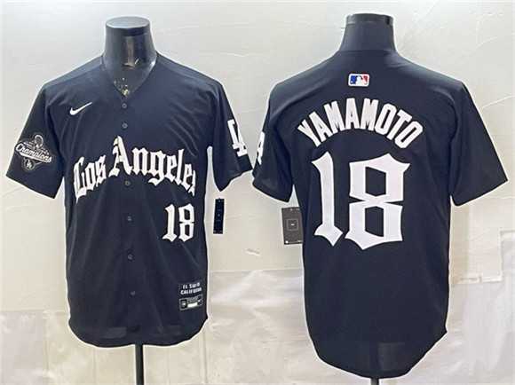 Mens Los Angeles Dodgers #18 Yoshinobu Yamamoto Black LA Gothic Style With 2025 World Series Champions Patch Limited Stitched Jersey Dzhi