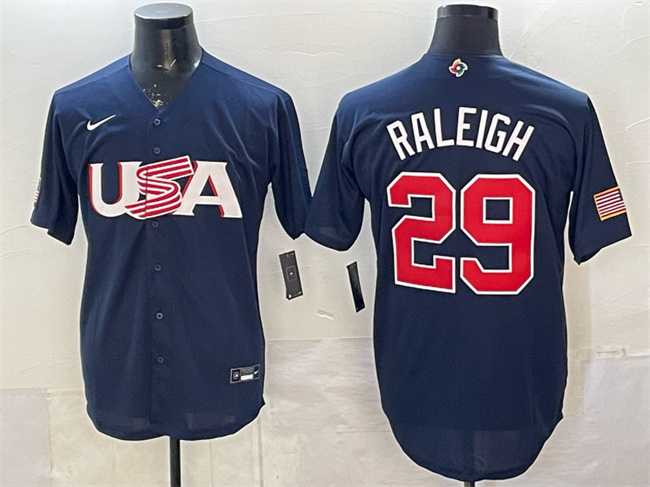 Mens USA #29 Cal Raleigh Navy World Baseball Classic Stitched Jersey Dzhi