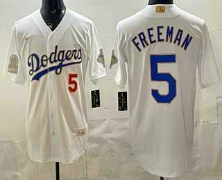 Mens Los Angeles Dodgers #5 Freddie Freeman White Gold World Series Champions Collection Limited Jersey