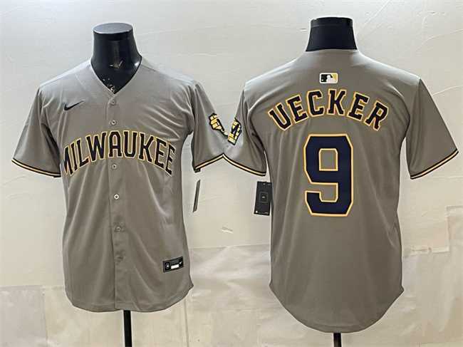 Mens Milwaukee Brewers #9 Bob Uecker Grey Home Limited Stitched Jersey