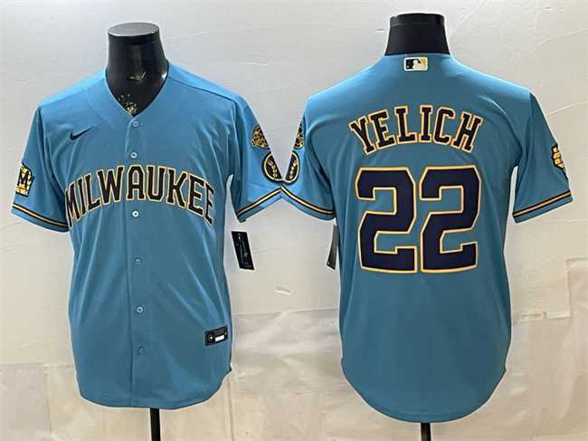 Mens Milwaukee Brewers #22 Christian Yelich Blue With Home & Bob Uecker Patch Stitched Jersey