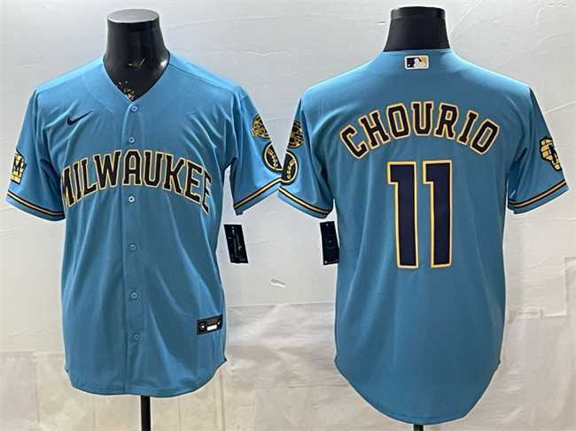 Mens Milwaukee Brewers #11 Jackson Chourio Blue With Home & Bob Uecker Patch Stitched Jersey