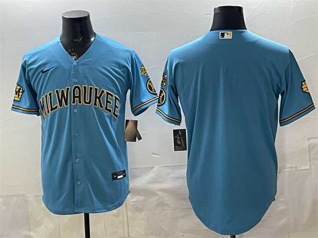 Mens Milwaukee Brewers Blank Blue With Home & Bob Uecker Patch Stitched Jersey