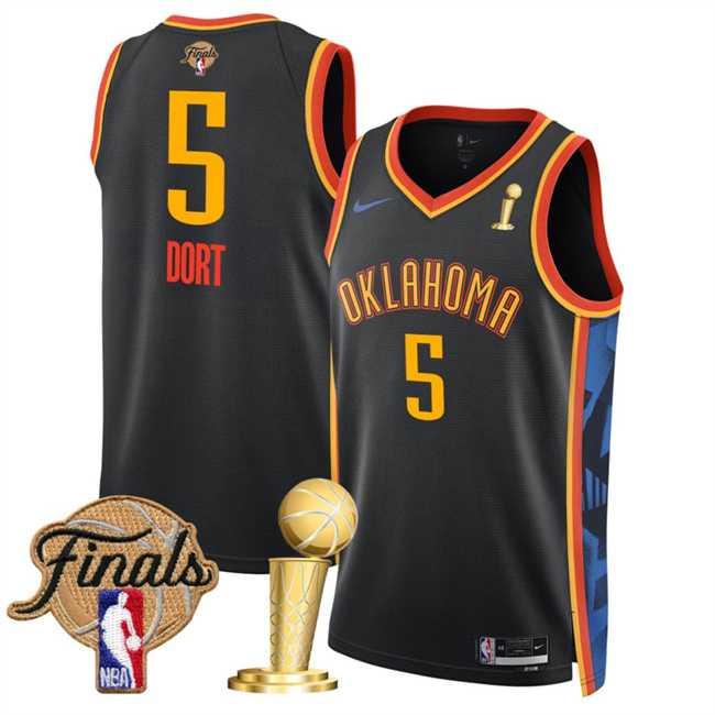 Mens Oklahoma City Thunder #5 Luguentz Dort Black 2025 Finals Patch And Finals Champions Patch City Edition Stitched Jersey Dzhi