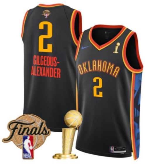 Mens Oklahoma City Thunder #2 Shai Gilgeous-Alexander Black 2025 Finals Patch And Finals Champions Patch City Edition Stitched Jersey Dzhi