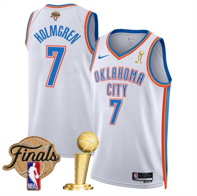 Mens Oklahoma City Thunder #7 Chet Holmgren White 2025 Finals Patch And Finals Champions Patch Association Edition Stitched Jersey Dzhi