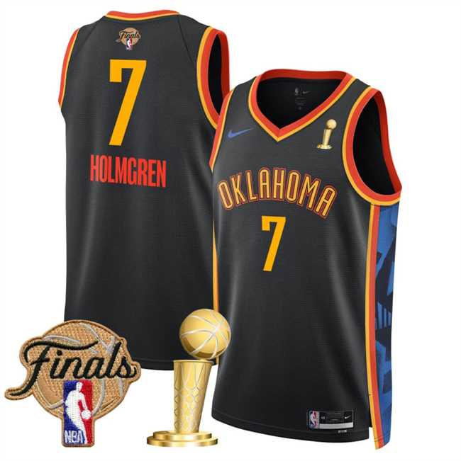 Mens Oklahoma City Thunder #7 Chet Holmgren Black 2025 Finals Patch And Finals Champions Patch City Edition Stitched Jersey Dzhi