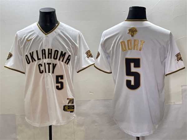 Mens Oklahoma City Thunder #5 Luguentz Dort White Gold 2025 Finals Vapor Stitched Baseball Jersey