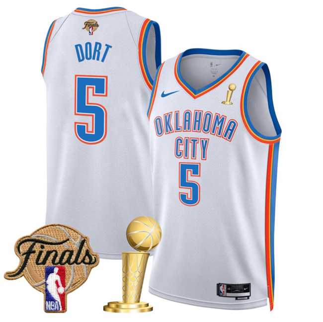 Mens Oklahoma City Thunder #5 Luguentz Dort White 2025 Finals Patch And Finals Champions Patch Association Edition Stitched Jersey Dzhi